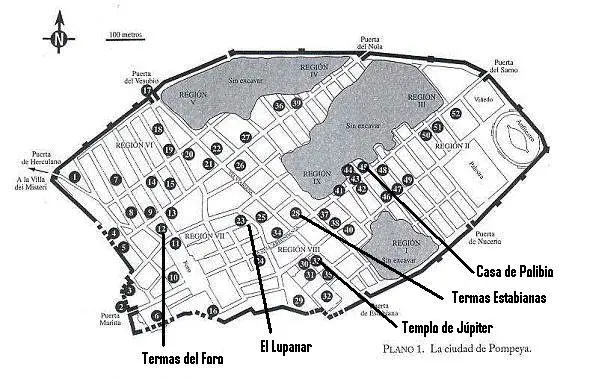 Mapa del sitio arqueológico de Pompeya